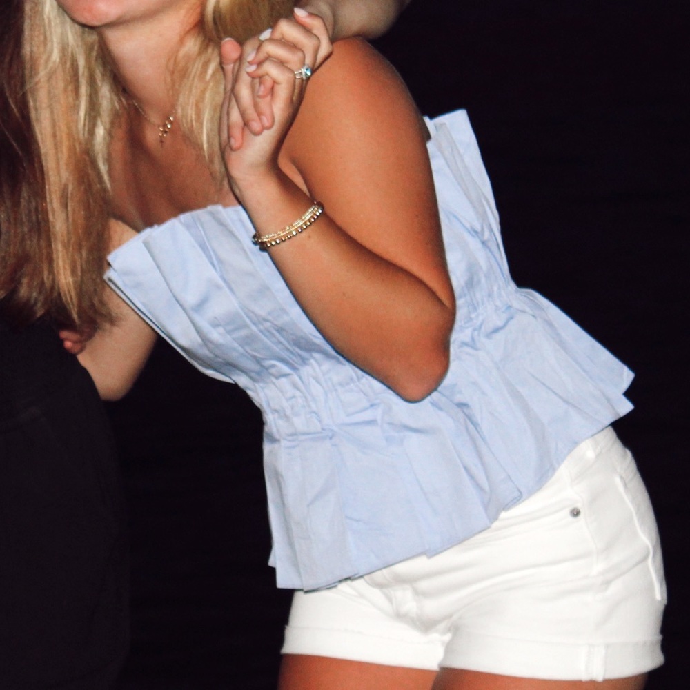 blue strapless top